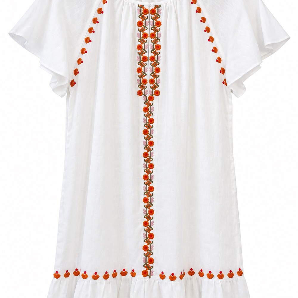 Madewell White Embroidered Linen Shift Dress M Boho Floral Ruffle
